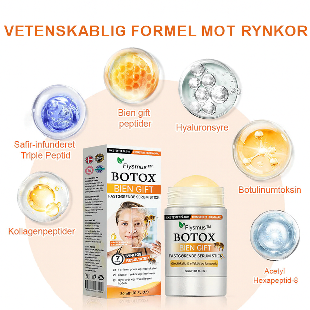 Tillverkad och skickad från Sverige – Flysmus™ Botox Bivengift Uppstramande Serumstick